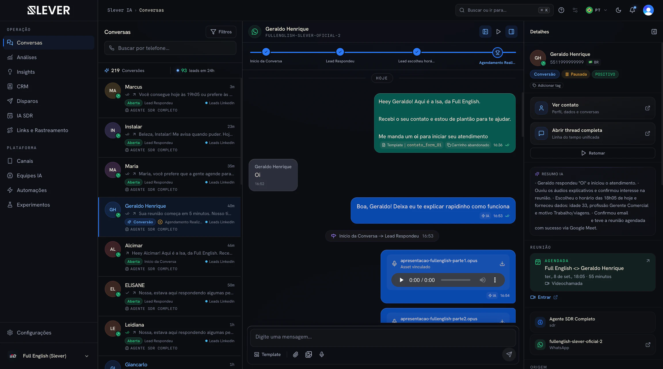 Actual Slever Conversations screen: inbox, WhatsApp conversation and contact context.